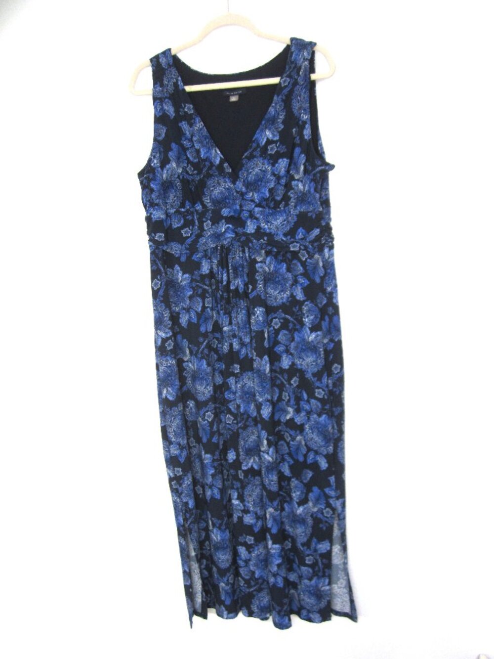 Tommy Hilfiger Size 16 Blue Floral Midi Maxi Dress Jersey Knit Ruched Sleeveless